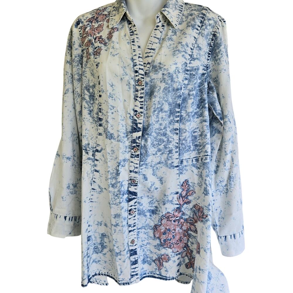 Vintage America Women's Size L Button Up Roll Tab Sleeve Tunic Cotton/Lyocell